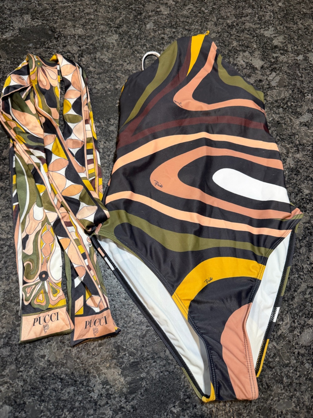 Colorful Abstract One-Piece Swimsuit with Matching Scarf - Picture 2 of 3